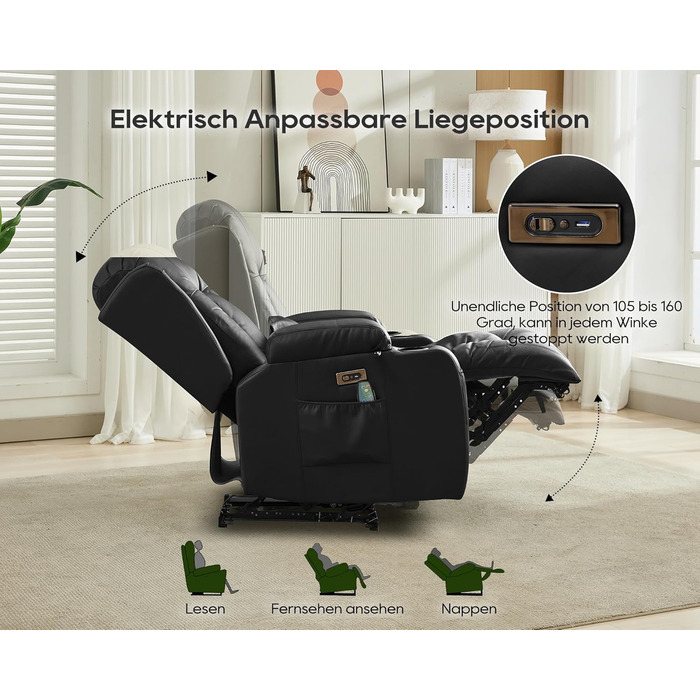 Крісло для телевізора з розкладним підйомником, масажне крісло з електрорегулюванням, функцією відкидання та підставкою для ніг, крісло для телевізора зі штучної шкіри з функцією підігріву, крісло для кінотеатру зі світлодіодним підсвічуванням/USB для віт