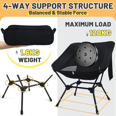 Складаний кемпінговий стілець, надлегкий маленький складний стілець, регульована висота, з боковими кишенями, компактний кемпінговий стілець для пікніків, риболовлі, садівництва, пішого туризму, спорту, активного відпочинку, походів, чорний - 2 шт.
