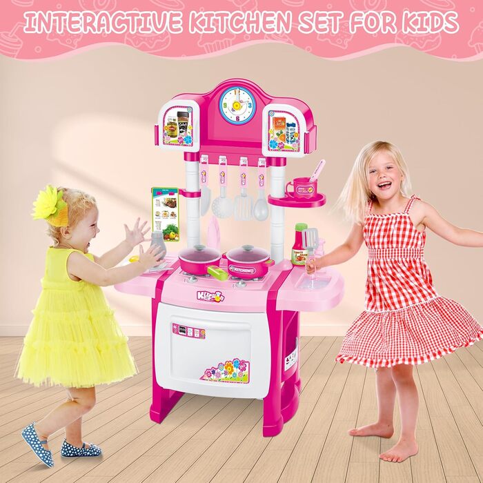 Мініатюрний кухонний набір deAO My Little Chef, рольова гра зі світлом і звуками, елементами води та 18 аксесуарами (рожевий)