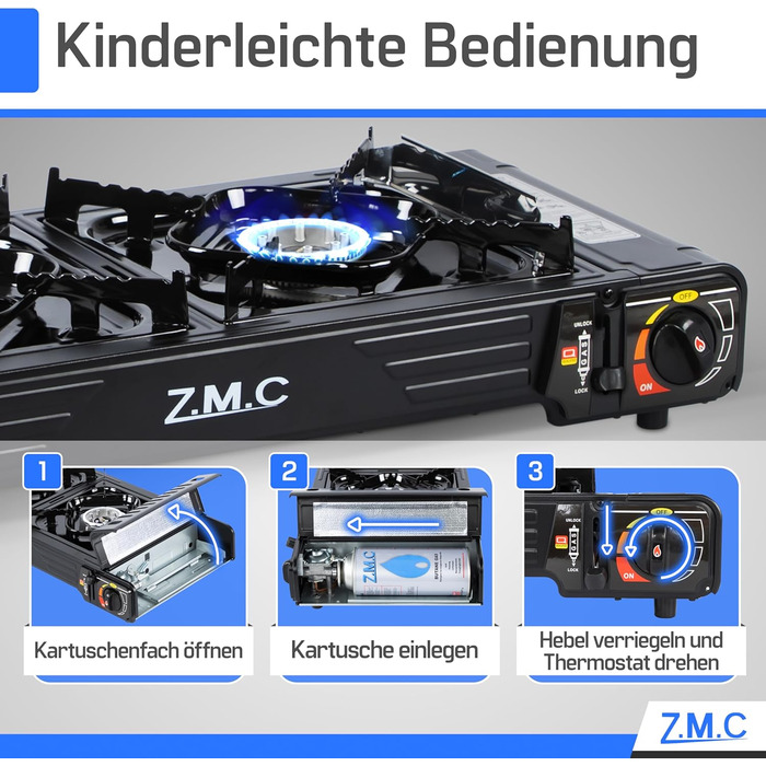 Туристична плита ZMC Premium з 2 конфорками, 2,5 кВт, п&39єзоелектричним запалюванням та футляром для перенесення Подвійна газова плита для використання на вулиці, балконі та в приміщенні Комплект газової плити (додатково) включає пластину для гриля 45x24