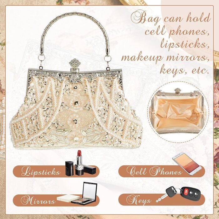 Елегантна вечірня сумочка-клатч Амілав у стилі 1920-х років з бісером для жінок, ідеальна для нареченої, гостей весілля, випускного, балу чи вечірки, колір шампань