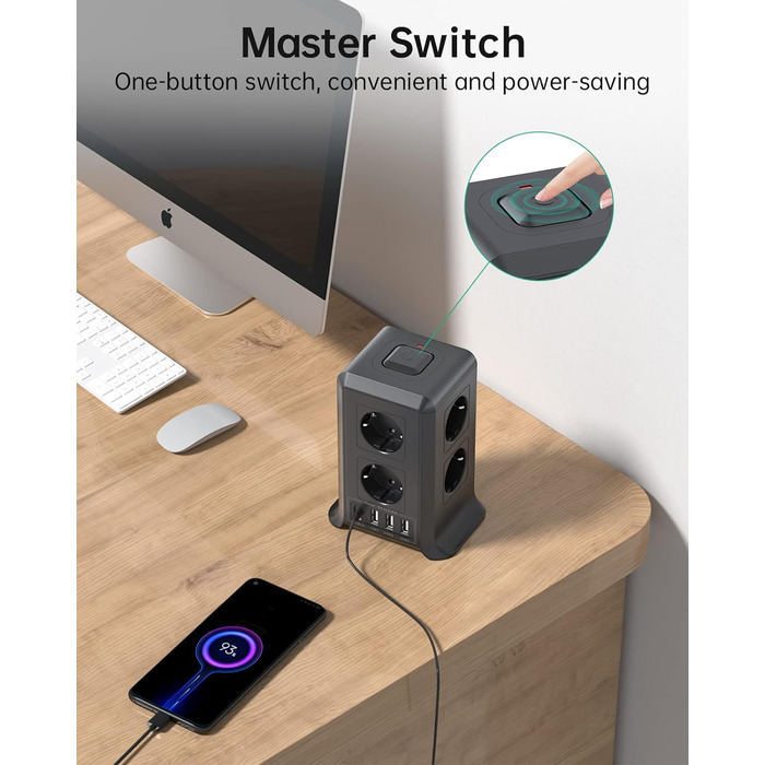 Розетка з вимикачем на кілька розеток, подовжувач Sameriver 8 відсіків з 4 USB, захист від перенапруги з декількома вилками, подов