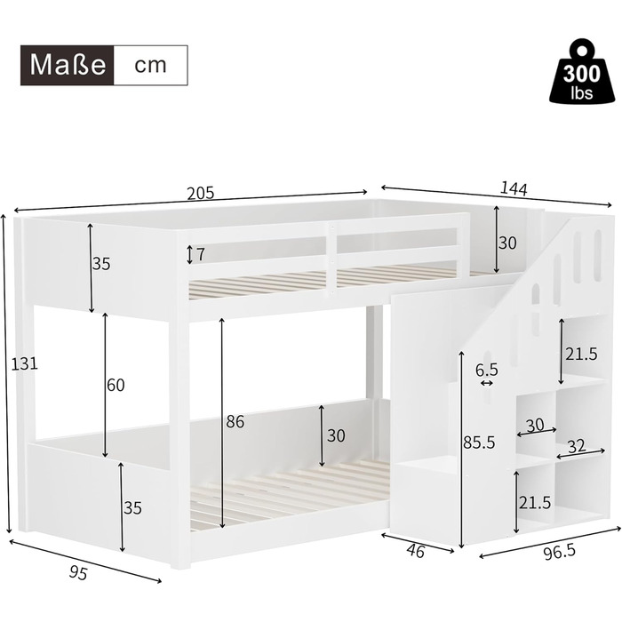 Двоярусне ліжко 90x200 см двоспальне ліжко зі сходами для зберігання речей, дитяче двоярусне ліжко зі стабільним та надійним захистом від падіння для 2 осіб, дитяче ліжко з місцем для зберігання речей/шафками/рейковим каркасом, без матраца (Білий, 90x200 