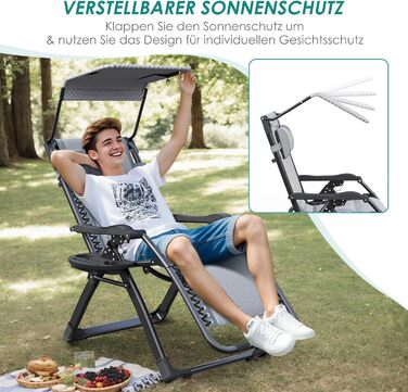 Складаний шезлонг з парасолькою, підголівником та тримачем для напоїв для саду, басейну та пляжу (сірий)