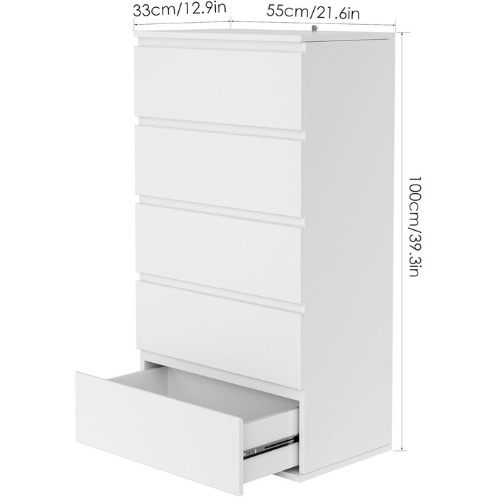 Білий комод з 5 шухлядами, вузький комод для спальні, коридору, вітальні, 55x33x100 см