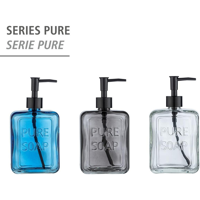 Дозатор для мила WENKO Pure Soap, багаторазовий дозатор для рідкого мила з високоякісного скла, великий дезінфікуючий дозатор для