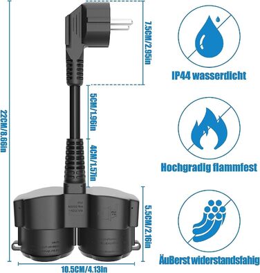 Подвійна вилка HITRENDS для розетки, подовжувач Зовнішній захисний контакт з 2 розетками змінного струму, 2-смуговий розподільний розгалужувач Schuko 5 см, короткий кабель, IP44 водонепроникний, 3 * 1,5 мм, 16A/250V, чорний 2 способи чорний