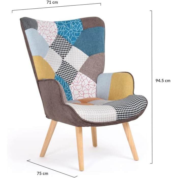 Скандинавське крісло Ivar з різнокольоровою тканиною для печворку
