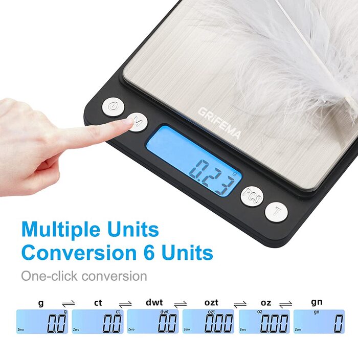 Кухонні ваги GRIFEMA цифрові професійні (висока точність 0,01г-500г) - тонкі ваги з РК-дисплеєм та 2 батарейками, автоматичне збер