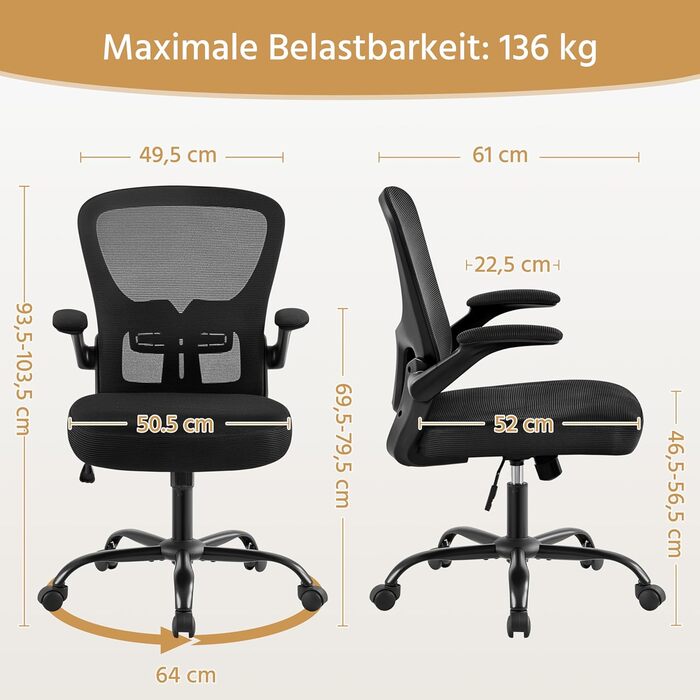 Офісне крісло Yaheetech з відкидними підлокітниками, робоче крісло з регульованою поперековою опорою, обертове крісло з сітки, ергономічне офісне крісло, функція гойдання, регульована висота, чорний колір