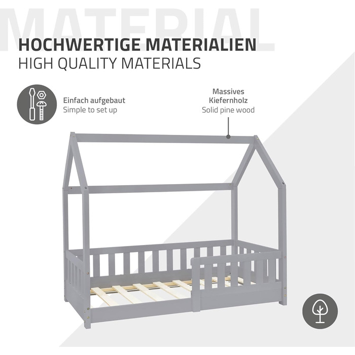 Дитяче ліжко ML-Design 70x140 см світло-сірого кольору з матрацом, поручнями, дахом та рейковою основою, ліжко-будиночок для дівчаток та хлопчиків, ліжко-будиночок із сосни, ігрове ліжко, підлогове ліжко, дитяче ліжко, дерев&39яне ліжко-будиночок 70 x 140