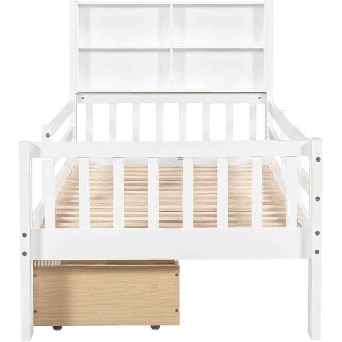 Дитяче ліжко 90x200, дерев&39яне ліжко з шухлядами та дошкою для малювання, узголів&39я з книжковою полицею та поручнями, ліжко з рейковою основою та місцем для зберігання речей, дитяче ліжко, функціональне ліжко, дерев&39яний каркас ліжка, без матраца, б