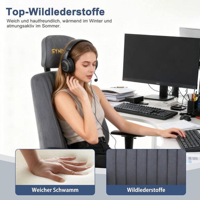 Розкішне офісне крісло Symino, ергономічне ігрове крісло, функція гойдання та регульоване по висоті поворотне крісло, крісло для домашнього офісу, крісло для столу, крісло керівника та комп&39ютерне крісло, 150 кг (імітація замші, сірий) Імітація замші, с