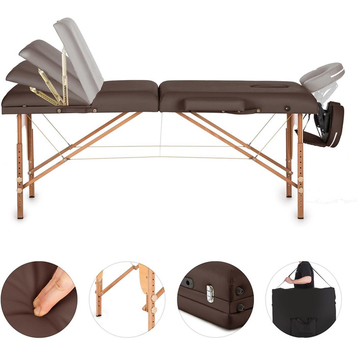 Масажний стіл Klarfit MT 500 - Масажний стіл з підлокітниками та підголівником, складний масажний стіл з 10 положеннями спинки, регульовані підставки для ніг, отвір для обличчя, 10 см підкладка, коричневий