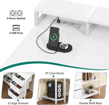 Подібний письмовий стіл із USB-портом для зарядки та розеткою, двосторонній кутовий стіл із 4 шухлядами та полицею, ігровий стіл із підставкою для монітора, 140x100 см, комп&39ютерний стіл для офісу, білий