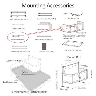 Дитяче ліжко 3-в-1, 120x50 см, дитяча колиска, дитяче ліжечко-манеж, дитяче ліжко-манеж, пружинне ліжко-бокс біля ліжка, з аксесуарами, які можна розмістити на ліжку (колір кремово-білий)