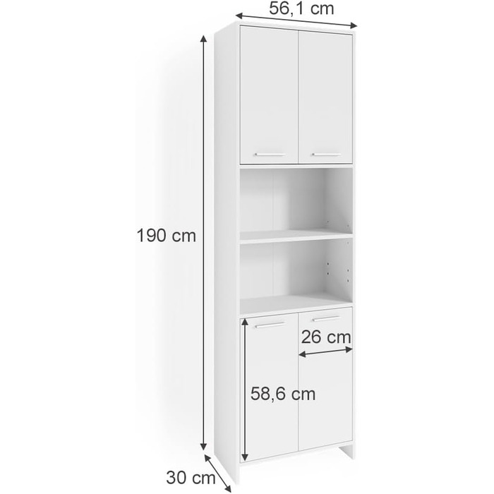 Шафка для ванної кімнати Vicco Maris, біла, 56,1 x 190 см, туалетна шафка з регульованими по висоті полицями для гнучкого використання. Біла шафка для ванної кімнати