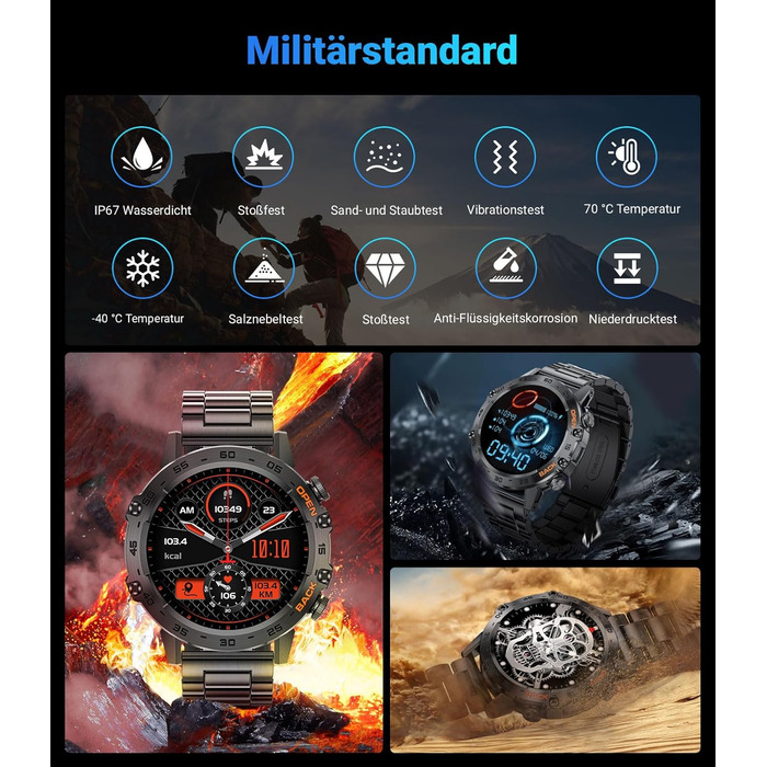 Чоловічий смарт-годинник LIGE з функцією телефону, 1,39-дюймовий військовий смарт-годинник з 24-годинним серцевим ритмом, артеріальним тиском, тривалістю сну, понад 100 спортивними режимами, фітнес-годинник, понад 300 циферблатів, водонепроникний IP67, чо