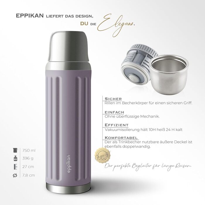 Термос EppiGrand з нержавіючої сталі, 750 мл, герметичний, з подвійною стінкою (750 мл, колір Dusty Violet) 750 мл