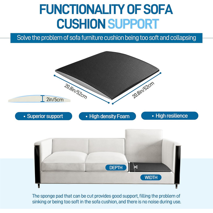 Опора для диванної подушки для провисаючих сидінь, 52 x 52 см, вставка з піни високої щільності, вигнуті опорні дошки для ремонту сидіння дивана, накладки на меблеві подушки 3 шт. - чорні