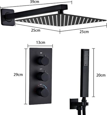 Прихована душова арматура SaniteModar чорна з термостатом, прихована душова система з тропічним душем 25x25 см, прихована душова арматура в комплекті з ручним душем