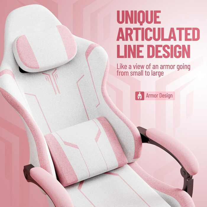 Ігрове крісло з поперековою опорою, дихаюча високоякісна тканина та штучна шкіра, ергономічне офісне крісло, крісло для ПК, регульована спинка, міцне ігрове крісло, висувна підставка для ніг, рожева бавовна та льон, рожева нова версія