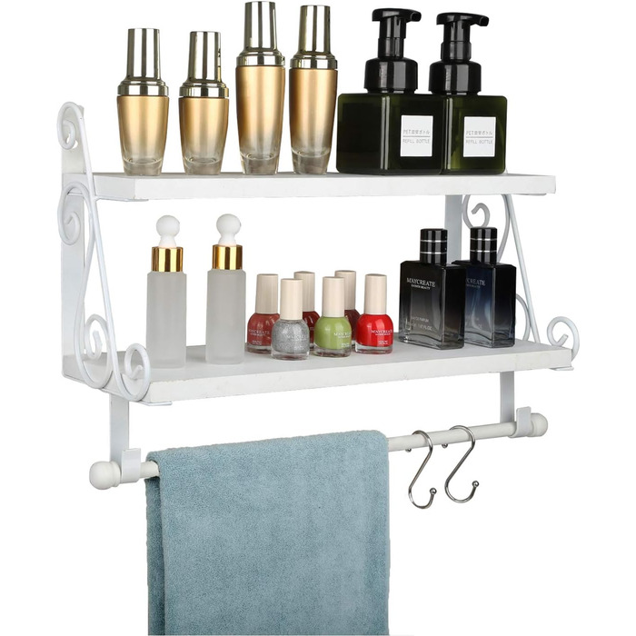 Дерев&39яна настінна полиця, плаваюча полиця, підвісна полиця, 2-рівнева полиця для спецій, кухонна полиця, органайзер для настінних полиць, полиця для ванної кімнати з 8 знімними гачками для ванної кімнати, вітальні, коридору, біла
