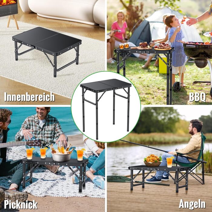 Складаний кемпінговий стіл GARLLEN, 58x40 см та 3 регульовані висоти (26/48/70 см), портативний бічний столик, стіл для барбекю, садовий стіл, стіл для пікніка для кемпінгу, пікніків та використання в саду (чорний) Чорний 58 x 40 x 26/48/70 см