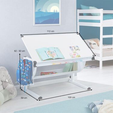 Дитяча парта CARO-Mbel Sari регульована по висоті в кольорі білий/білий, дитяча парта нахилена з пазом для ручок, шкільна парта з