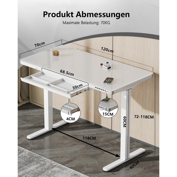 Стіл Homall Glass з регульованою висотою, 120 x 60 см, електричний стіл з регульованою висотою та шухлядою, стіл для домашнього офісу з можливістю сидіти та стояти, білий 120 x 60 см, білий