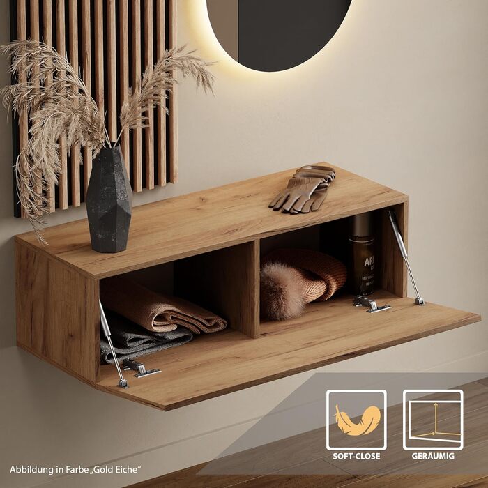 Вішалка для передпокою Planetmbel золотий дуб 100 см, настінна панель 50 см золотий дуб/антрацит з дзеркалом 50 см (без світлодіод