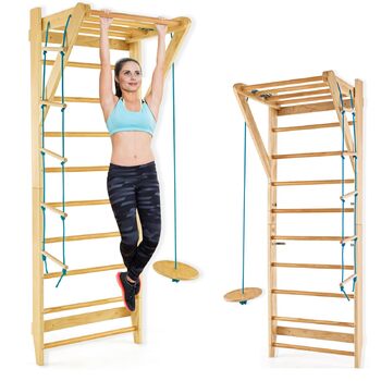 Дерев&39яна стіна для скелелазіння GYMAX, стіна для скелелазіння в приміщенні для дорослих та дітей, гімнастична стіна з турніком, мотузковими сходами та трапецією, стіна для фітнесу, вантажопідйомність до 100 кг, шведські сходи для домашнього використанн