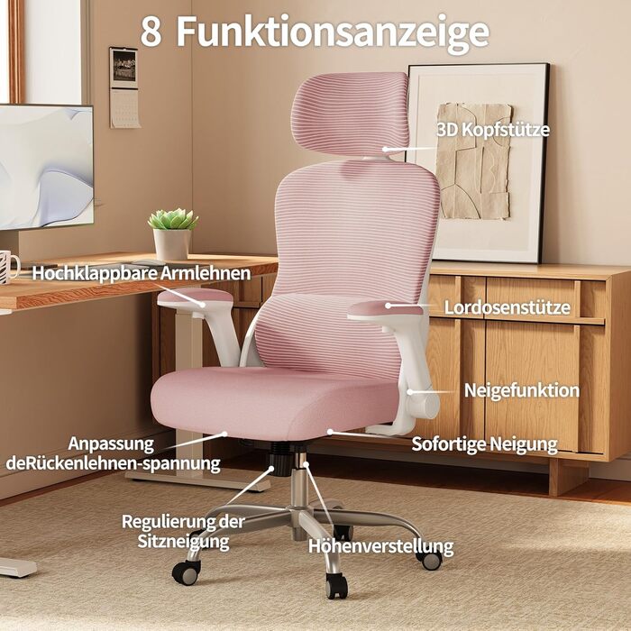 Ергономічне офісне крісло TRALT - Ігрове крісло з регульованим підголівником та поперековою опорою - Офісне крісло для дому - Комп&39ютерне крісло для високих людей - Сітчасте крісло, вантажопідйомність 150 кг, рожеве