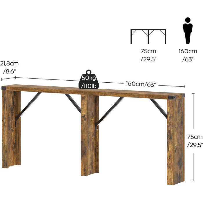 Консольний столик, довгий вузький стіл для коридору, столик для передпокою, за диваном, промисловий дизайн, з металевими стійками, для вузьких приміщень, вхідна зона, коридор, вітальня, вінтажний коричневий XCT30BR