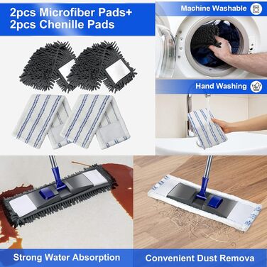 Швабра для миття підлоги, швабра з мікрофібри з телескопічною ручкою 128 см, швабра для підлоги з 4 швабрами для твердої деревини,