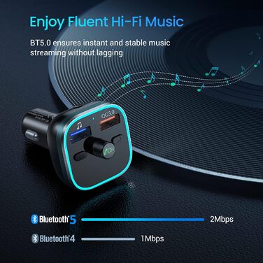 Передавач Bluetooth ANSTA V5.0 для автомобіля, бездротовий радіоадаптер HiFi з RGB-підсвічуванням, швидка зарядка QC3.0, дзвінки в режимі вільні руки, 2 порти для зарядки USB, підтримка U-диска/TF-карти