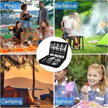 Набір столових приборів з нержавіючої сталі для кемпінгу на 4 особи, набір посуду для пікніка з 20 предметів з ложкою, виделкою, ножем, тарілкою, затискачем та відкривачкою для пляшок - Портативний набір столових приборів для кемпінгу та пікніків (Срібний