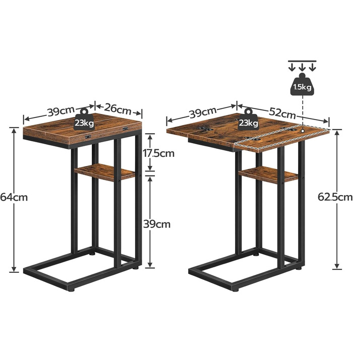 С-подібний бічний столик HOOBRO, розкладний диван-столик, журнальний столик, столик для перекусу з полицею для зберігання, вузька тумбочка для вітальні, спальні, металевий каркас, темно-коричневий EBF29SF01 темно-коричневий чорний