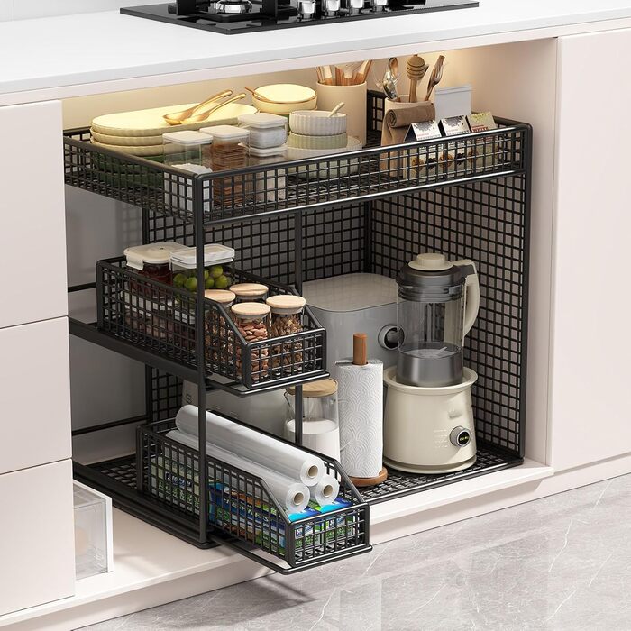 Мобільний візок для зберігання Aramox на 3 рівні з висувними шухлядами, міцний металевий кухонний візок на колесах для організації офісу, вітальні, гаража (чорний)