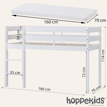 Дитяче ліжко Hoppekids 70x160 см, ліжко-горище/середній рівень сну, виготовлене з масиву сосни, біле, виготовлено в ЄС, з 10-річною гарантією 70x160 білий