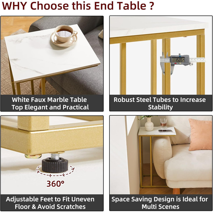 Комплект із 2 приставних столиків для вітальні, приліжковий столик, столик для ноутбука, приставний столик до дивана, підходить для спальні, вітальні, дерев&39яні дошки кольору білого мармуру із золотим металевим каркасом, YD-TM051G-2 2 білі мармурові та 