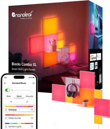 Стартовий комплект Nanoleaf Blocks Комбінація з 10 комплектів, настінні світильники зі зміною кольору RGBW, світлові панелі та полиця, стиль Pixel Art, програма та голосове керування (сумісність із Alexa, Apple і Google Home), декорування та ігри