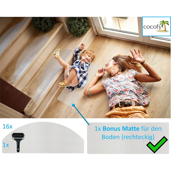 Килимки для сходів Cocofy всередині прозорі 16 шт. XXL (65x25 см), захист від ковзання на сходах, протиковзкі килимки для сходів, сучасні килимки для сходів, зручні для шкарпеток, набір з інструментом для складання, прозорі 65 см x 25 см - напівкруглі