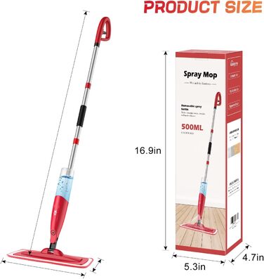 Швабра NileHome з функцією розпилення, пилонепроникна швабра з 2 насадками, що миються, і пляшкою 480 мл, що поповнюється, побутов