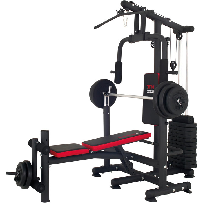 Універсальна силова станція Hansson Sports, багатофункціональна силова лава зі стійкою для штанги, тяга лати, розгинання ніг &quotметелик&quot, згинання ніг, вага 65 кг, складна A Силова лава