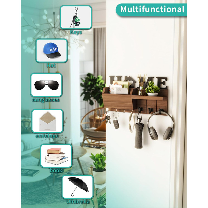 Ключниця HapiRm з декором HOME, дерев'яна ключниця з 7 гачками для ключів, ключниця з полицею Підходить для вхідної зони, вхідних