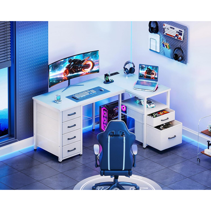 Письмовий стіл Coleshome з тканинними шухлядами, 140x80 см, двосторонній L-подібний стіл з шухлядою для документів, кутовий стіл з портом зарядки USB та розеткою, столи для домашнього офісу, білий 140x80 см