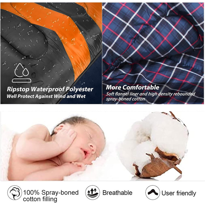 Фланелевий спальний мішок 3-4 сезони 1,6 кг, підходить для зими, осені та весни, виготовлений з порожнистого волокна та приємний для шкіри, водовідштовхувальний, чорний