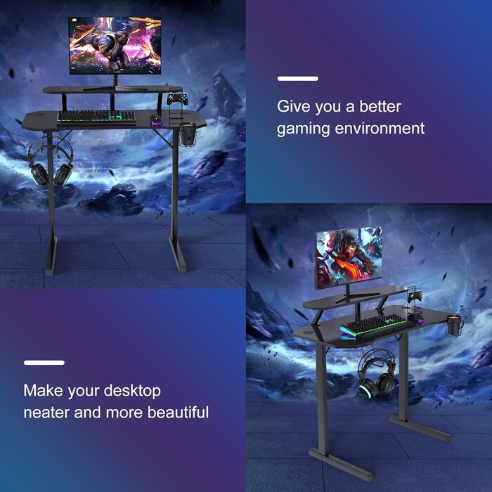 Ігровий стіл, ігровий стіл 100 x 55 см, ПК-стіл, геймерський стіл з вуглецевим волокном, стабільний комп&39ютерний стіл з підсклянником, гачком для навушників та знімним кронштейном 100 x 55 x 75 см L-подібний