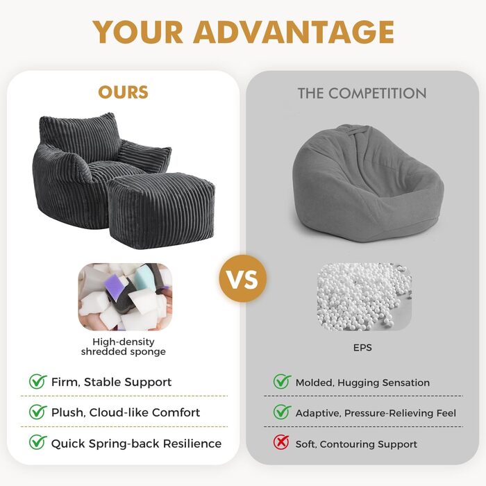 Диван-гойдалка JULY&39S SONG зі спинкою та підставкою для ніг, крісло-мішок XXL з пуфом для дорослих, диван-лінивець, подушка для сидіння в приміщенні для спальні, вітальні, зимового садка, темно-сірий